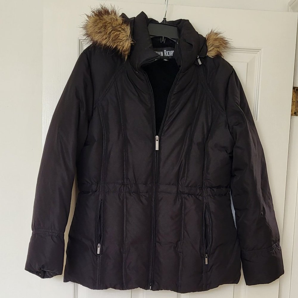 Down Jacket - Black, Size Large with Faux Fur Trimmed Hood